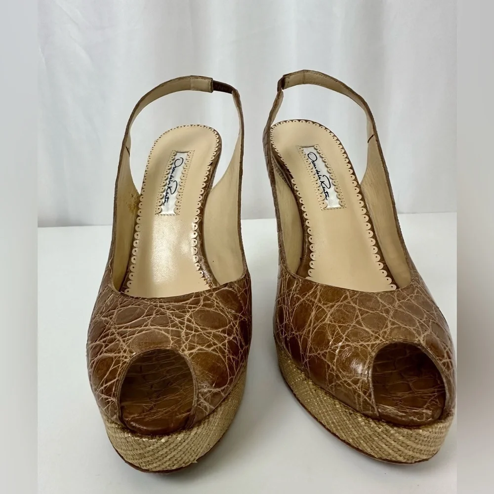 Oscar de la Renta Genuine Crocodile Peep Toe Platform Sandals Sz 7.5